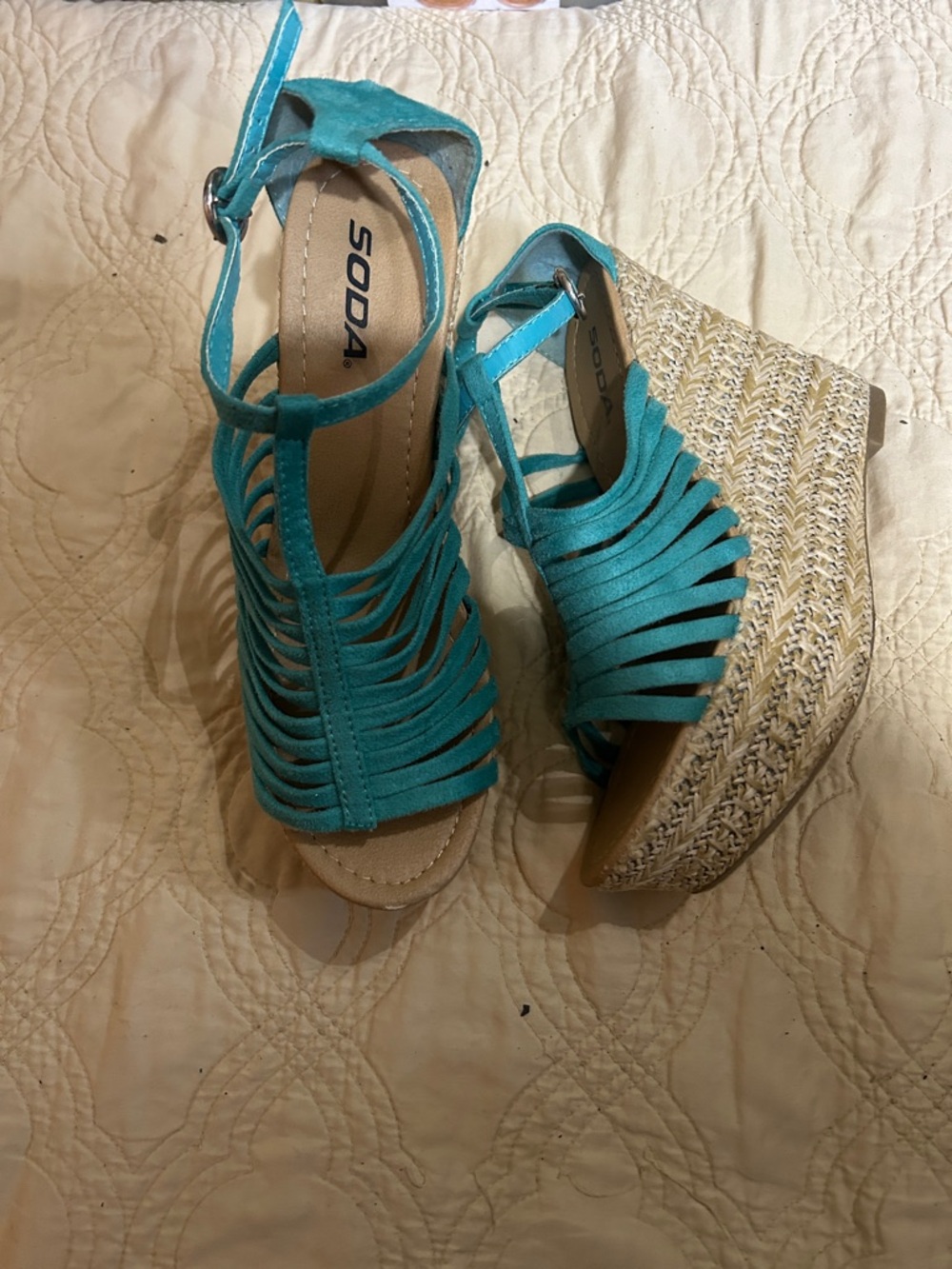 Soda Teal Strappy platform Espadrille Wedge Sandals